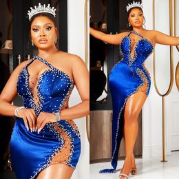 2024 Plus Size Prom Dresses for Special Occasions Promdress Royal Blue One Shoulder Illusion Side Split Beaded Birthday Party Dress Second Reception Gowns AM830