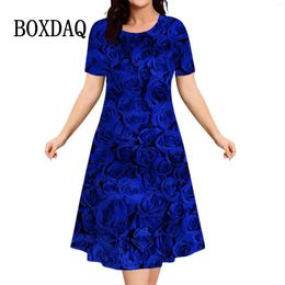 Casual Dresses Blue Red Rose Flowers Dress Women Pullover Summer 3D Print Retro 2024 Ladies Plus Size Short Sleeve Mini