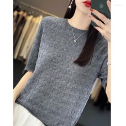 Women's T Shirts Round Necked Hollow Knit Short Sleeved Soft T-Shirt For Summer Fashion Lightweight And Fine Imitation Wool Knitted Top