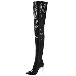 2024 new Zipper Knee boots patent leather European and American new metal slim heels fashionable large size 35-45