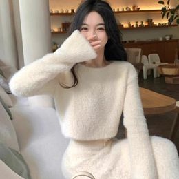 Women's Two Piece Pants Fall/Winter Retro Casual Mink Knitted Sweater Top Half Skirt Set French Solid Colour Loose Two-Piece Sets