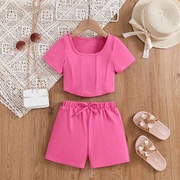 Clothing Sets FOCUSNORM 4-7Y Fashion Little Girls Summer Clothes Short Sleeve Curved Hem Tops Elastic Waist 3D Bow Shorts