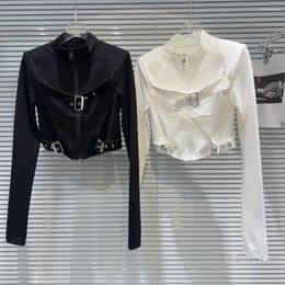 Women's T Shirts 2024 Spring Y2K Tshirt For Women Niche Girl Metal Buckle Tied Long Sleeves Stand Collar Zipper T-Shirt Slim Top