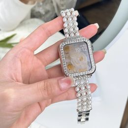 For Watch Bands 49mm 45mm 41mm 40mm 44mm Women Pearl Metal Strap Diamond Protective Case for Ultra 8 7 6 5 4 3 SE 240429