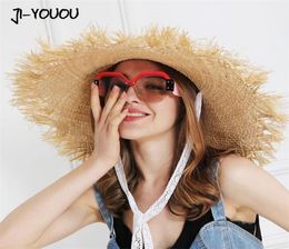 JIYOUOU Lace strap straw hat bow wide grass female summer cap beach visor outdoor holiday beach sun protection hat Collapsible Y204130250