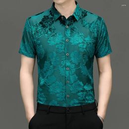 Men's Casual Shirts Flocking Floral Hollow For Men Short Sleeve Velvet Summer Quality Soft Comfortable Oversized 4XL Camisas De Hombre