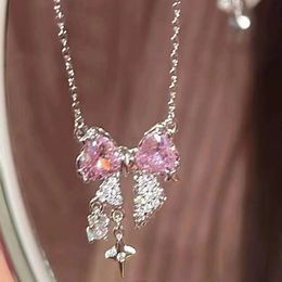 Internet Red Pink Bow Necklace Instagram Student Sweet Cool Girl Collar Chain Versatile Light Luxury High Grade Summer Style