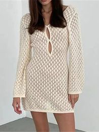 Long Sleeve Cut Out Backless Crochet Knitted Tunic Beach Cover Up Cover-ups Dress Wear Beachwear Female Women K5436
