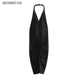 Casual Dresses KEYANKETIAN 2024 Launch Women's Backless Halter V-Neck Fashion Sexy Black Slim Ankle-length Slit Slip Dress