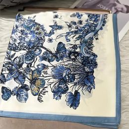 Scarves BYSIFA|Blue Silk Scarf Hijab Women Fashion Brand Accessories Square Foulard Butterfly Bufandas 65 65cm