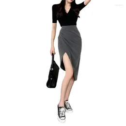 Work Dresses 2024 Irregular Buttocks Half-length Skirt Suit Female Summer Fashion V-neck Black Short-sleeved Split Two-piece Set