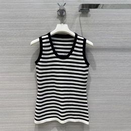 2024 Summer Fashion Soft Wool Knitted Vest Tops Women O-neck Sleeveless Black Stripes Slim Cute Tank Top 240429