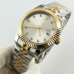 Armbanduhren 39mm sterile Herren Uhren Silber Zifferblatt Silbergold Hülle Sapphire Glassstahlband Miyota 8215 Automatic Date Man Watch Gift