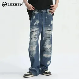 Men's Jeans LUZHEN Leg Denim Pants Hip-Hop Style Straight Male Trend 2024 Summer Hole Pocket Zipper Trousers Loose 9C5417