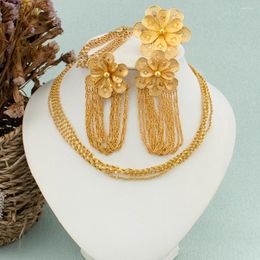 Necklace Earrings Set Fashion Women Jewelry Flower Design Gold Color Choker Bracelet Ring Weddings Bride Dubai African