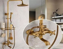 Bathroom Antique Brass Shower Faucet Rainfall Shower Head Bathtub Mixer Tap With Bath Shelf3374532