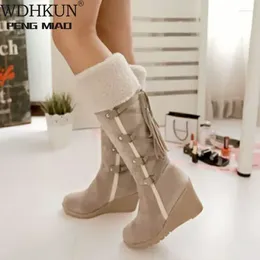 Boots 2024 Snow Women Winter Shoes Warm Cotton Cold Knee High Ladies Wedge Heels 7cm Plus Size 42