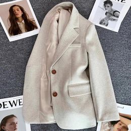 Women's Jackets Beige Herringbone Patterned Woollen Suit Jacket For Spring/autumn 2024 Design Temperament Casual