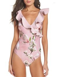 Deep V Neck Beach Wear Ruffle Edge Flower Print 2024 Swimwear Summer Swimsuit And Cover-Up Female Vacation Sexy Style