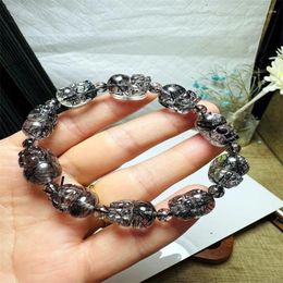 Link Bracelets Natural Black Rutilated Quartz Pixiu Bracelet Crystal Carved Figurine Healing Gift Fashion Jewellery For Women 15.8X10MM