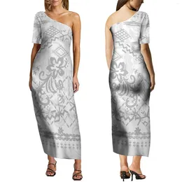 Party Dresses 2024 Summer Mother'S Day Gift Polynesian Tribal Pattern Hawaiian Off-The-Shoulder Dress Samoa Short Sleeve White Floral