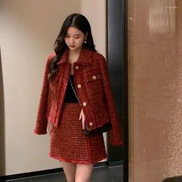 Work Dresses Temperament Celebrity Coarse Tweed Coat Skirt Two-piece Set Women Korean Fashion Tassels Polo Neck Sweet Plaid Loose Suit