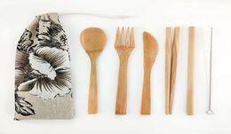 6pcs Reusable Bamboo Wood Cutlery Set Bamboo Flatware EcoFriendly Travel Cutlery Set Wooden Natural Cotton Tableware4131585