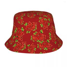 Berets Northeast China Printing Bucket Hat Red Flower Culture Fisherman Cap For Unisex Casual Travel Hiking Hats Portable Design