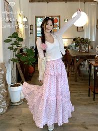 Skirts Sweet Pink Floral Skirt Women 2024 Spring Summer Elastic Waist Spliced Ruffled A-line Long Korean Fashion Casual