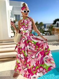 Casual Dresses Elegant Floral Printed Long Dress For Women 2024 Fashion Halter Beach Loose Summer Bikini Cover Up Vacation Boho Robe