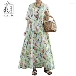 Party Dresses LZJN Ladies Half Sleeve Long Dress 2024 Summer Autumn Parrot Print A-Line Maxi Shirt Women Loose Robe Mori Girl Vestidos