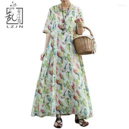 Abiti per feste Lzjn Ladies Abito a mezza manica Long Abito 2024 Summer Autumn Parrot Stampa A-Line Maxi Shirt Women Wee Shee Robe Mori Girl Vestidos