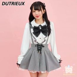 Skirts Japanese Sweet Style Plaid Detachable Suspender Mini Skirt Lace Strap All-Match Cute Short Pantskirt For Women