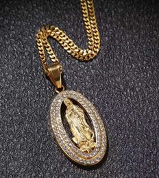iced out virgin mary pendant necklaces men women luxury designer mens bling diamond pendant gold cuban link chain Jewellery gift9120795