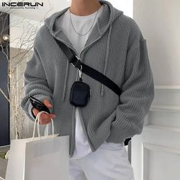 INCERUN Tops Korean Style Men Hooded Pit Knitted Sweater Casual Streetwear Male Double Head Zipper Long Sleeve Hoodie S-5XL 240426