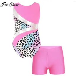 Clothing Sets Girls Ballet Dance Leotard Figure Skating Costume Sleeveless Shiny Rhinestone Gymnastics Bodysuit With Shorts Swimwear