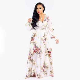 Designer women's clothing new summer beach chiffon dress floral print European and American fashion swing dress women's clothing dress long sleeves maxi dresses P0S2