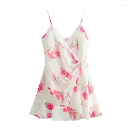 Casual Dresses YENKYE Sexy Women Lace Trim Floral Print Sling Mini Cross V Neck Female Summer Short Beach Holiday Vestidos