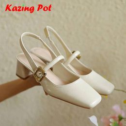 Dress Shoes Krazing Pot Cow Leather Square Toe Women Summer Med Heels Buckle Straps Gorgeous Brand Shallow Slingback Princess Style Pumps