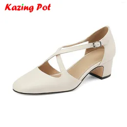 Dress Shoes Krazing Pot Cow Skin Round Toe Women Summer Street Wear Med Heels Slip On Concise Style Office Lady Modern Fashion Shallow