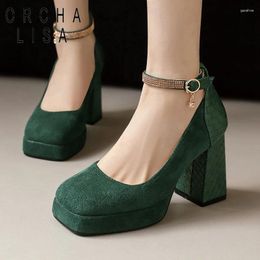 Dress Shoes ORCHA LISA Elegant Women Pumps Square Toe Chunky Heels 9.5cm Platform 2.5cm Ankle Buckle Strap Big Size 48 49 50 Fashion Dating