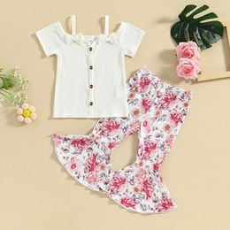 Clothing Sets 1-5Y Children Kids Girls Summer Ribbed Off Shoulder Bowknot Short Sleeve T-shirts Flare Pants Holiday Outfits