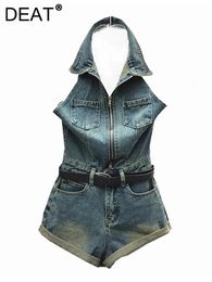 DEAT Womens Denim Jumpsuit Zipper Backless Belt Wide Leg Hollow Out Cuffs High Waist Sexy Playsuit 2024 Summer Fashion 240424