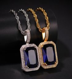 Iced Out Cubic Zirconia Necklace Pendant Pink Blue Green Red Square Ruby Pendant Necklace For Men Hip hop Jewelry2552764