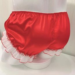 Underpants Men Sissy Briefs Satin Ruffled Bloomer Tiered Skirted Oil Shiny Elasticity Panties Smooth Solid Underwear Large Size Gay Thong