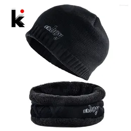 Berets Winter Beanie Cap Men Knitted Hats Scarf Set Fashion Letter Embroidery Skullies Beanies Outdoor Ski Thick Warm Bonnet Hat Gorras