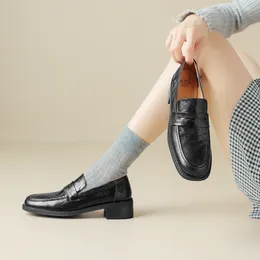 Dress Shoes EAGSITY Cow Leather British Style Slip On Classic Penny Loafer Mule Square Heel Women Casual Comfort Health