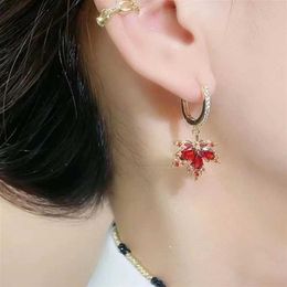 Dangle Chandelier Luxury Red Zircon Maple Leaf Drop Earring for Women Shiny Rhinestone Long Tassel Ear Line Earrings Jewelry Accessories