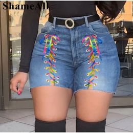 Plus Size Sexy White Blue Hollow Out Denim Shorts 4XL Summer Women High Waist Ripped Tassel Short Jeans Lace Up Bandage pants 240420