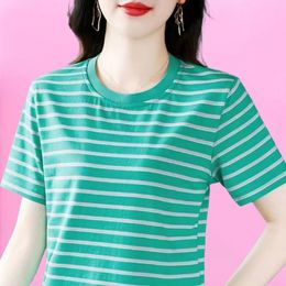 Polo Shirt Women 2024 New Striped Round Neck Short Sleeve T-shirt Summer Women's Camisas Mujer Ladies Tops